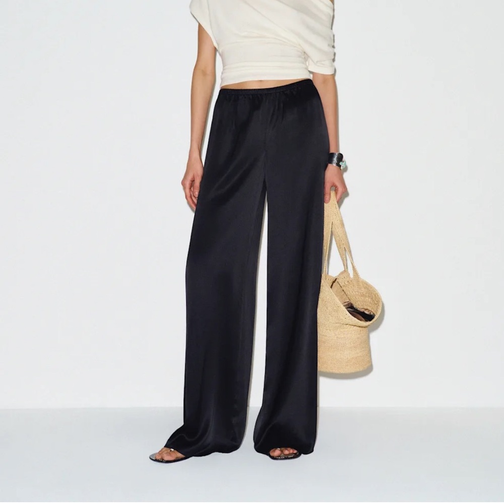 Reformation Black Wide-Leg Satin Pants